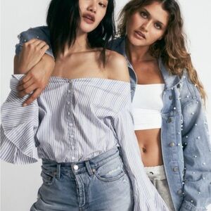 Free People XS March To The Beat Blue White Striped Off The Shoulder Blouse Top